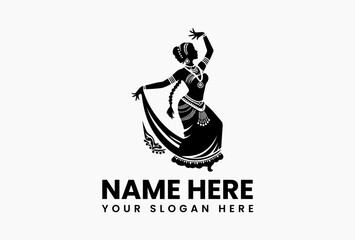 Detailed black and white vector silhouette of Bharatanatyam dancer in traditional costume for cultural branding