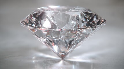 Close-up of a brilliantly cut, clear gemstone with light reflecting off its facets, resting on a smooth, neutral surface.