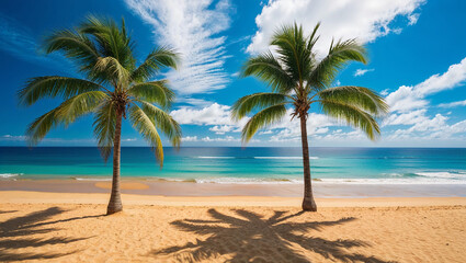 Obraz premium Two palm trees growing on tropical sandy beach with turquoise water and blue sky