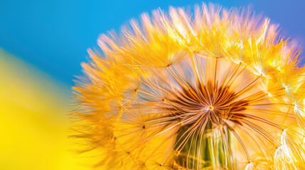 Obraz premium Vibrant macro shot of dandelion flower showcasing its delicate yellow petals and intricate structure against blue background