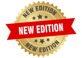 new edition. new edition round red and gold label isolated on transparent background