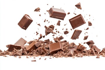 Milk chocolate pieces falling isolated on white background