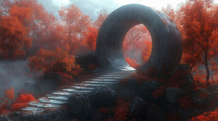 Fototapeta premium Portal to autumn realm: A stone circle and steps amidst orange foliage and mist