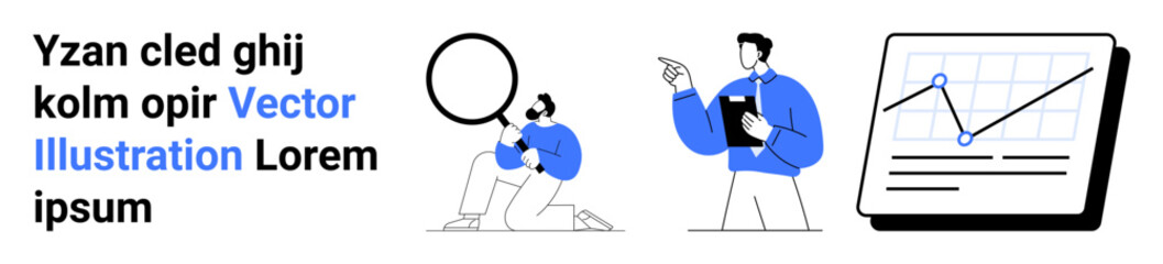 Team discussing, highlighting insights with a magnifying glass, presenting reports, and analyzing a graph. Ideal for business, strategy, statistics, teamwork, data analysis presentations simple