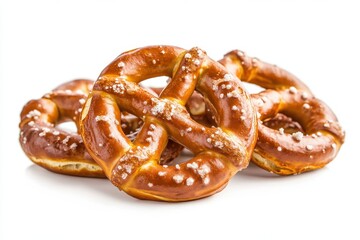 Three salted pretzels isolated on white background