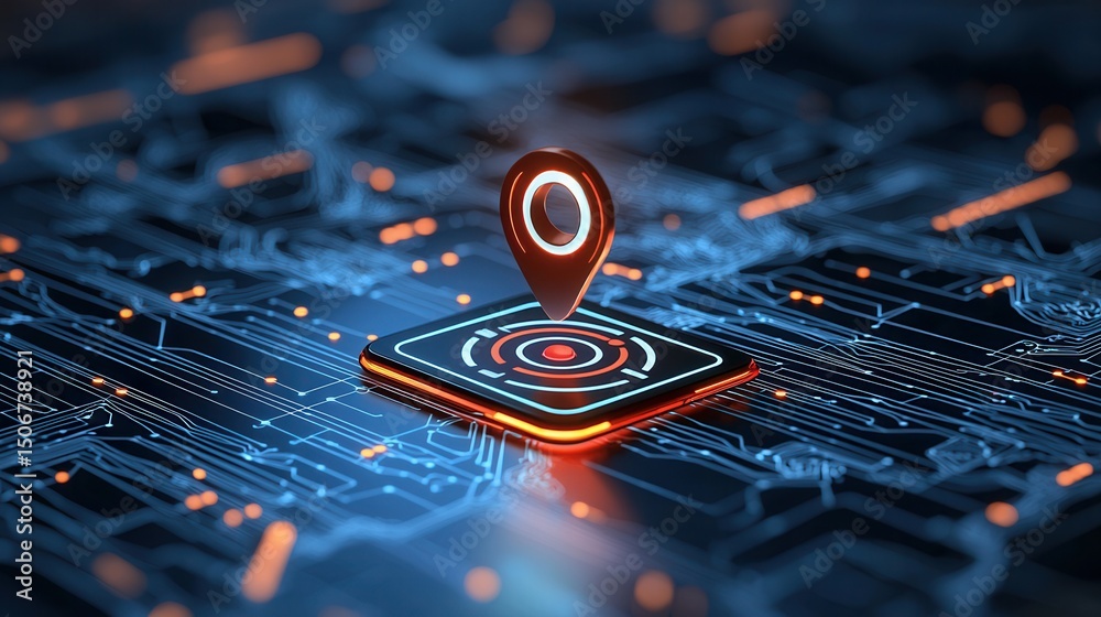 Poster a visually striking concept featuring a radiant navigational marker on a complex dynamic network of 