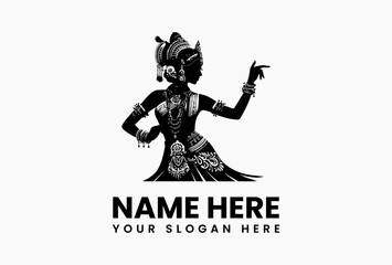 Traditional Indian Bharatanatyam dancer silhouette in elegant black and white vector logo with costume details
