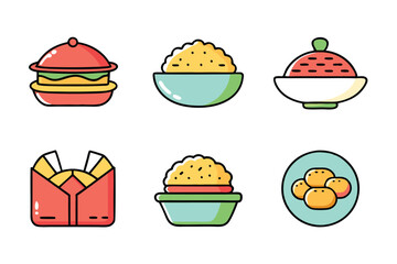Cartoon Asian Food Vector Set – Cute Traditional Dishes, Rice Bowls, Dumplings, Noodles, lemon, strawberry, watermelon, Ice Cream ,Sandwich ,cupcake ,burger, coffee, and Tea Icons.