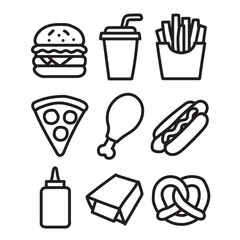 Fast food icon collection, black color on white background. Vector illustration.
