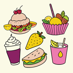 Cartoon Asian Food Vector Set – Cute Traditional Dishes, Rice Bowls, Dumplings, Noodles, lemon, strawberry, watermelon, Ice Cream ,Sandwich ,cupcake ,burger, coffee, and Tea Icons.