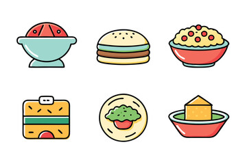 Cartoon Asian Food Vector Set – Cute Traditional Dishes, Rice Bowls, Dumplings, Noodles, lemon, strawberry, watermelon, Ice Cream ,Sandwich ,cupcake ,burger, coffee, and Tea Icons.