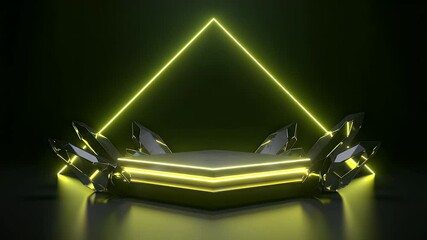 Abstract geometric platform with vibrant pink neon light - Powered by Adobe