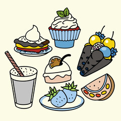 Cartoon Asian Food Vector Set – Cute Traditional Dishes, Rice Bowls, Dumplings, Noodles, lemon, strawberry, watermelon, Ice Cream ,Sandwich ,cupcake ,burger, coffee, and Tea Icons.