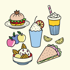 Cartoon Asian Food Vector Set – Cute Traditional Dishes, Rice Bowls, Dumplings, Noodles, lemon, strawberry, watermelon, Ice Cream ,Sandwich ,cupcake ,burger, coffee, and Tea Icons.