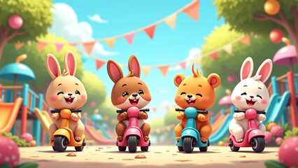Cheerful little animals riding scooters together in a vibrant outdoor playground.