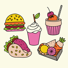 Cartoon Asian Food Vector Set – Cute Traditional Dishes, Rice Bowls, Dumplings, Noodles, lemon, strawberry, watermelon, Ice Cream ,Sandwich ,cupcake ,burger, coffee, and Tea Icons.