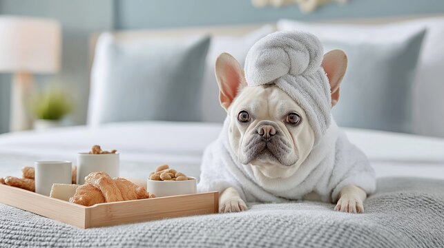 A French Bulldog in a white towel turban and robe lounging on a bed with a gourmet breakfast tray. A playful luxury theme for content related to pampered pets, spa life, indulgence