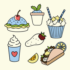 Cartoon Asian Food Vector Set – Cute Traditional Dishes, Rice Bowls, Dumplings, Noodles, lemon, strawberry, watermelon, Ice Cream ,Sandwich ,cupcake ,burger, coffee, and Tea Icons.