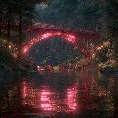 Illuminated bridge over a reflective river. The water mirrors the bridge's glow, creating a magical scene in the serene forest.