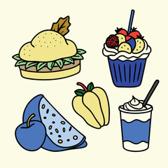 Cartoon Asian Food Vector Set – Cute Traditional Dishes, Rice Bowls, Dumplings, Noodles, lemon, strawberry, watermelon, Ice Cream ,Sandwich ,cupcake ,burger, coffee, and Tea Icons.