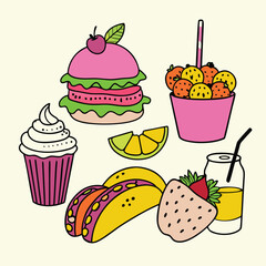 Cartoon Asian Food Vector Set – Cute Traditional Dishes, Rice Bowls, Dumplings, Noodles, lemon, strawberry, watermelon, Ice Cream ,Sandwich ,cupcake ,burger, coffee, and Tea Icons.