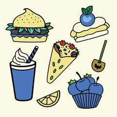 Cartoon Asian Food Vector Set – Cute Traditional Dishes, Rice Bowls, Dumplings, Noodles, lemon, strawberry, watermelon, Ice Cream ,Sandwich ,cupcake ,burger, coffee, and Tea Icons.