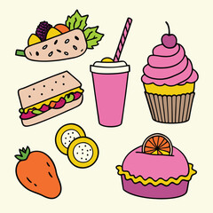 Cartoon Asian Food Vector Set – Cute Traditional Dishes, Rice Bowls, Dumplings, Noodles, lemon, strawberry, watermelon, Ice Cream ,Sandwich ,cupcake ,burger, coffee, and Tea Icons.
