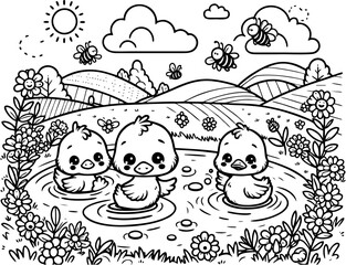 Cute Ducklings in a Pond Coloring Page – Kawaii Spring Scene for Kids