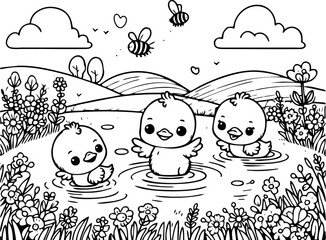 Cute Ducklings in a Pond Coloring Page – Kawaii Spring Scene for Kids