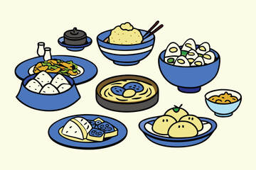 Cartoon Asian Food Vector Set – Cute Traditional Dishes, Rice Bowls, Dumplings, Noodles, lemon, strawberry, watermelon, Ice Cream ,Sandwich ,cupcake ,burger, coffee, and Tea Icons.