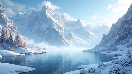 A breathtaking winter mountain landscape with a calm frozen lake and snow-covered trees.