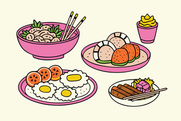Cartoon Asian Food Vector Set – Cute Traditional Dishes, Rice Bowls, Dumplings, Noodles, lemon, strawberry, watermelon, Ice Cream ,Sandwich ,cupcake ,burger, coffee, and Tea Icons.