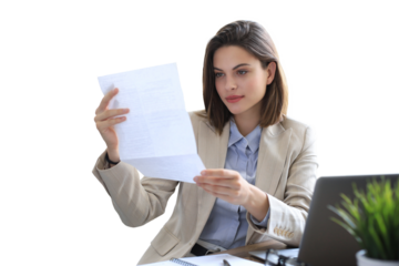 Attractive cheerful business woman checking paper documents in office, working on laptop on a transparent background