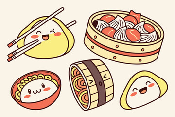 Cartoon Asian Food Vector Set – Cute Traditional Dishes, Rice Bowls, Dumplings, Noodles, lemon, strawberry, watermelon, Ice Cream ,Sandwich ,cupcake ,burger, coffee, and Tea Icons.