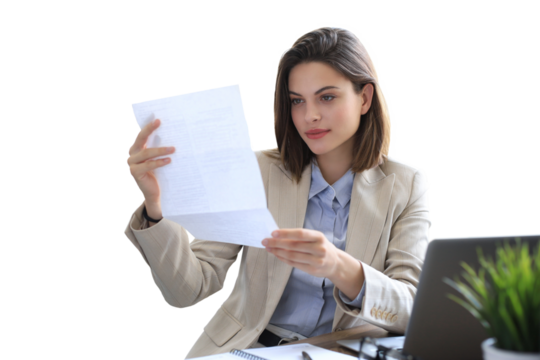 Attractive cheerful business woman checking paper documents in office, working on laptop on a transparent background