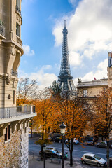 View from Av.enue de Camoens on the Eiffel tower during Autmn. Paris, France
