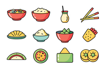 Cartoon Asian Food Vector Set – Cute Traditional Dishes, Rice Bowls, Dumplings, Noodles, lemon, strawberry, watermelon, Ice Cream ,Sandwich ,cupcake ,burger, coffee, and Tea Icons.