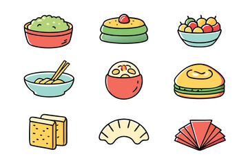 Cartoon Asian Food Vector Set – Cute Traditional Dishes, Rice Bowls, Dumplings, Noodles, lemon, strawberry, watermelon, Ice Cream ,Sandwich ,cupcake ,burger, coffee, and Tea Icons.