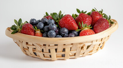 Fresh strawberries and blueberries in woven basket create vibrant and inviting display of healthy fruits