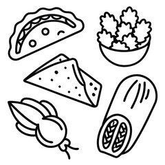 Cartoon Asian Food Vector Set – Cute Traditional Dishes, Rice Bowls, Dumplings, Noodles, lemon, strawberry, watermelon, Ice Cream ,Sandwich ,cupcake ,burger, coffee, and Tea Icons.