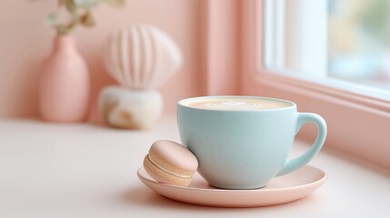 Fototapeta premium Minimalist breakfast scene with a pastel blue coffee cup and a beige macaron on a soft pink saucer. The light tones and cozy textures create a calm morning aesthetic, ideal for lifestyle, café