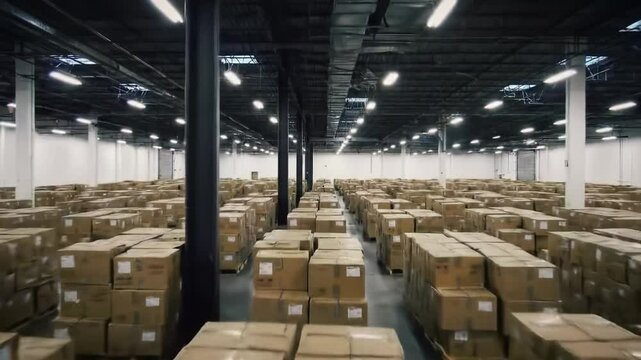 A large warehouse features neatly organized rows of cardboard boxes ready for distribution. This facility highlights an effective inventory system in action for logistics.