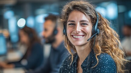 Call center, agent and woman with headset, listening and communication with microphone, online and happy. Office, customer service and person with tech for order, talking or representative with smile