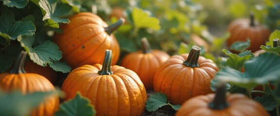 Obraz premium Abundance of Orange Pumpkins Resting in a Sunny Patch Amidst Lush Green Foliage, Perfect for Autumn Harvest Celebrations