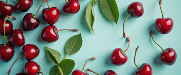 Fresh Ripe Cherries and Green Leaves on a Light Blue Background - Sweet Summer Fruit Still Life