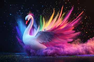Colorful swan gracefully spreading vibrant wings amidst a magical, colorful backdrop