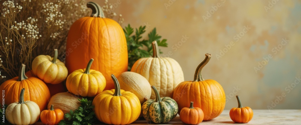 Poster fall harvest bounty: a colorful array of pumpkins and gourds on rustic surface