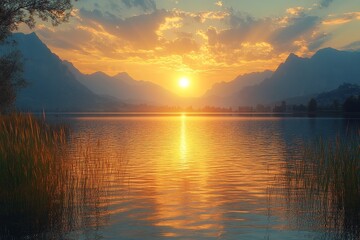 Sunset over mountain lake, calm water, golden hour