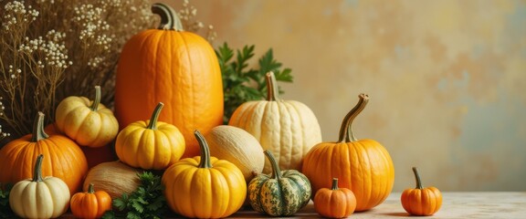 Fall Harvest Bounty: A Colorful Array of Pumpkins and Gourds on Rustic Surface