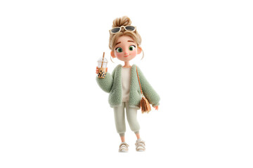 Trendy blonde with sunglasses, green cardigan over white outfit, holding bubble tea with tassel bag accessory, isolated on a transparent background